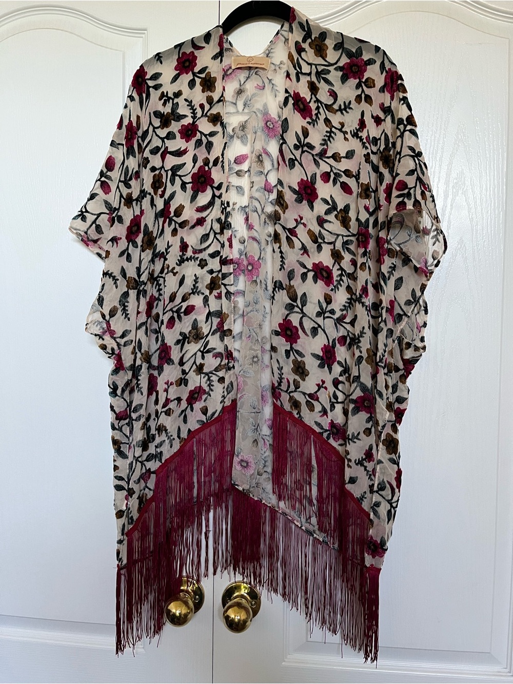 grace & stella Floral Fringe Kimono Wrap in Cream, Pink, Brown
